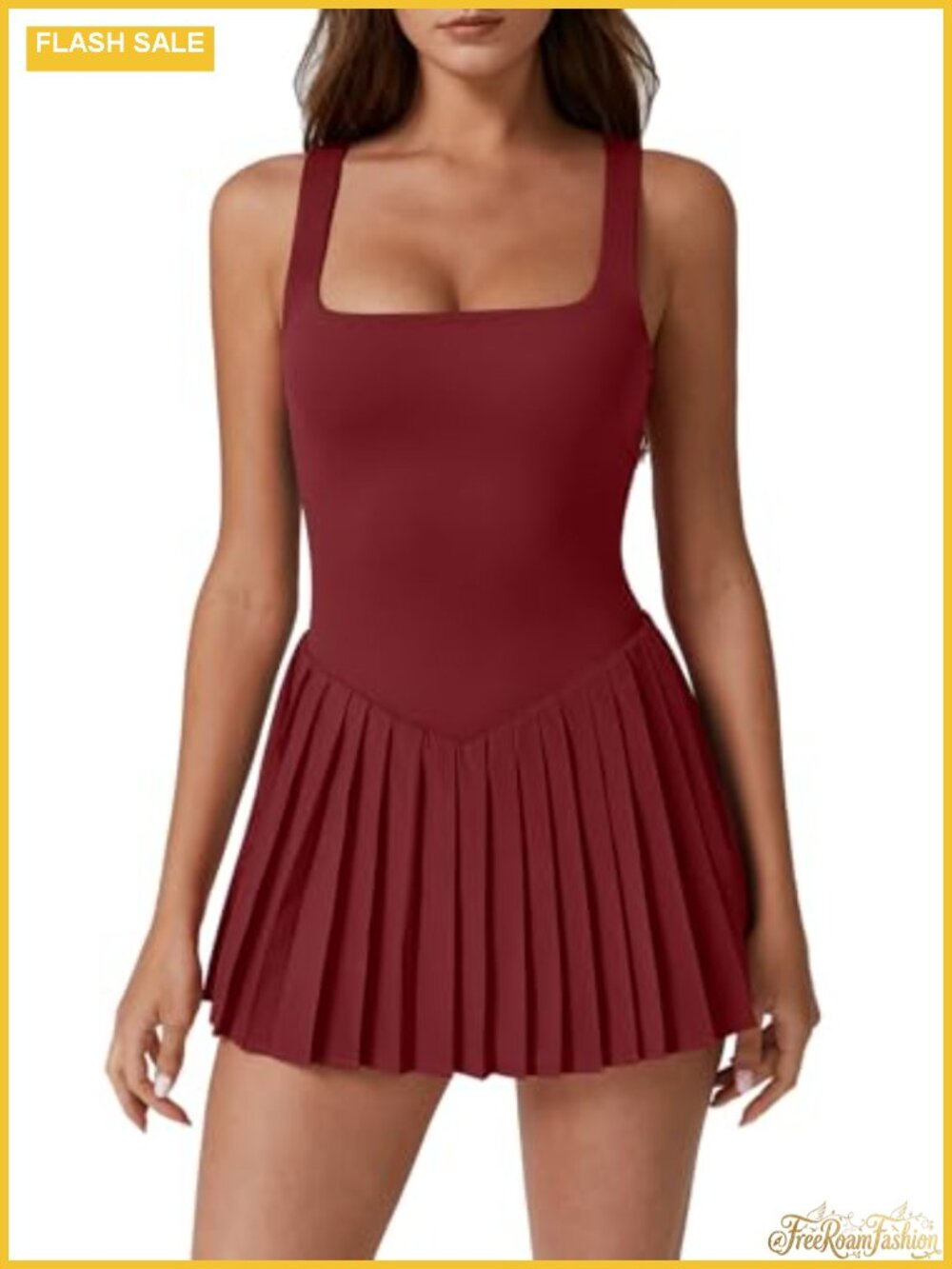 Women's Square Neck Tennis Dress with Built-in Shorts and Pockets